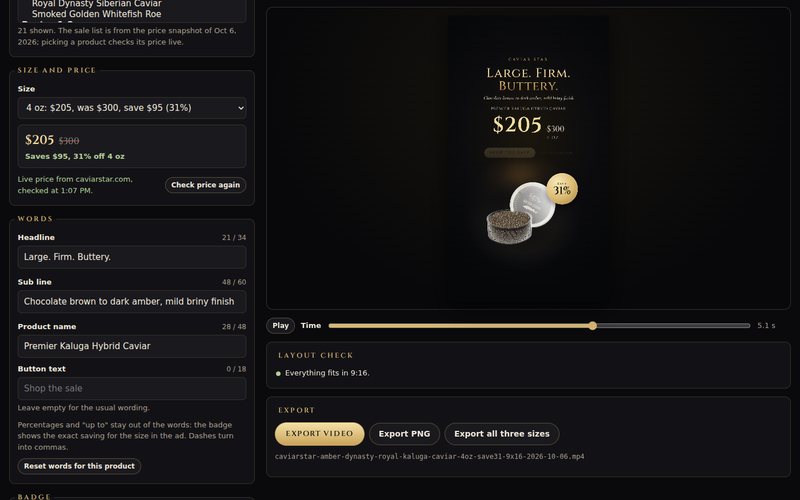 The Ad Studio: product, size and price controls beside a live preview